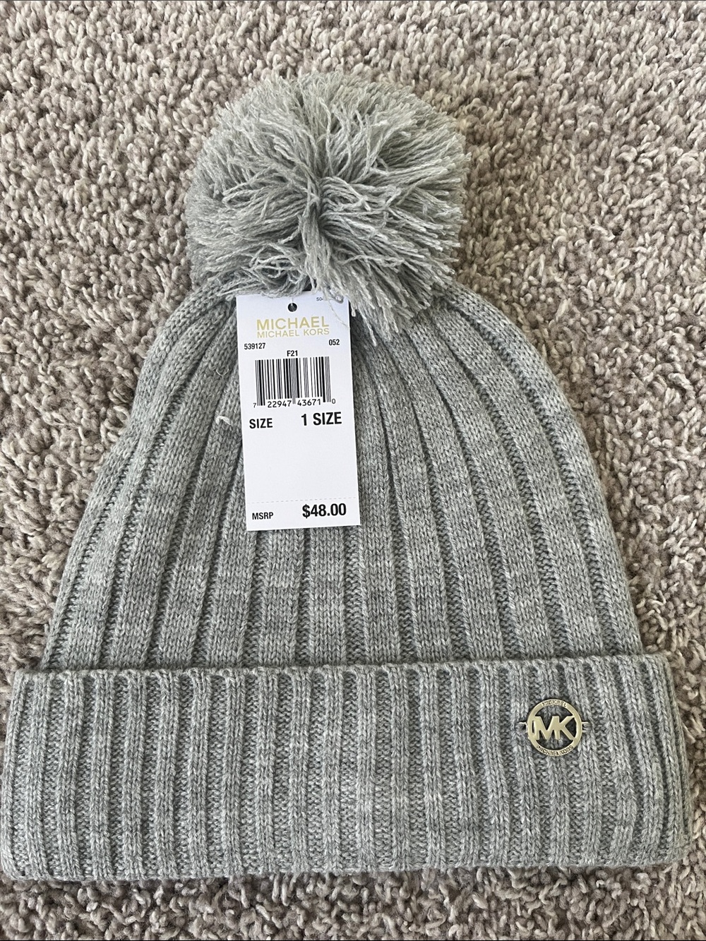 MICHAEL Michael Kors  Light Grey Ribbed Pom Beanie